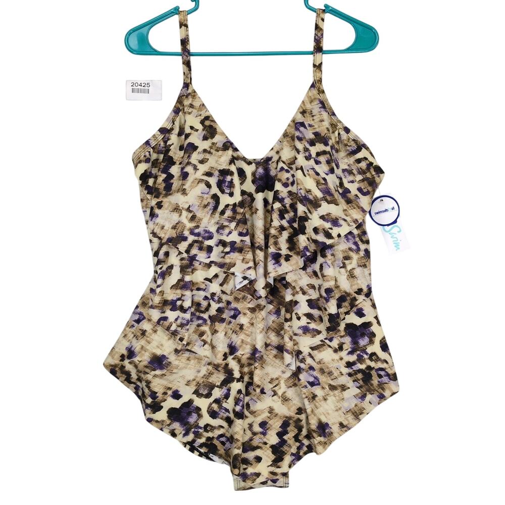 Swimsuits For All Beige and Purple Print One-Piece Swimsuit